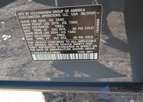 2020 Volkswagen Atlas Cross Sport 3.6L V6 Se W/Technology/3.6L V6 Se W/Technology R-Line from USA, damaged, VIN 1V26E2CA9LC218693